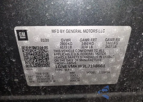 2020 Chevrolet Traverse Awd 2Fl z USA, uszkodzony, nr VIN 1GNEVMKW3LJ198661